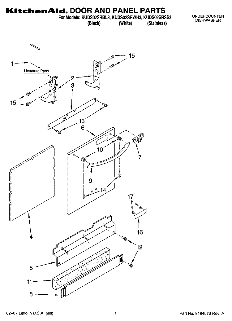 DOOR AND PANEL PARTS Diagram and Parts List for KUDS02SRSS3  KitchenAid Dishwasher