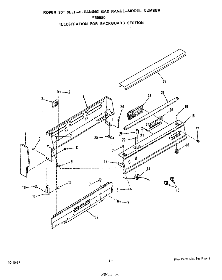 BACKGUARD , LIT/OPTIONAL Diagram and Parts List for F8958L0  Roper Range