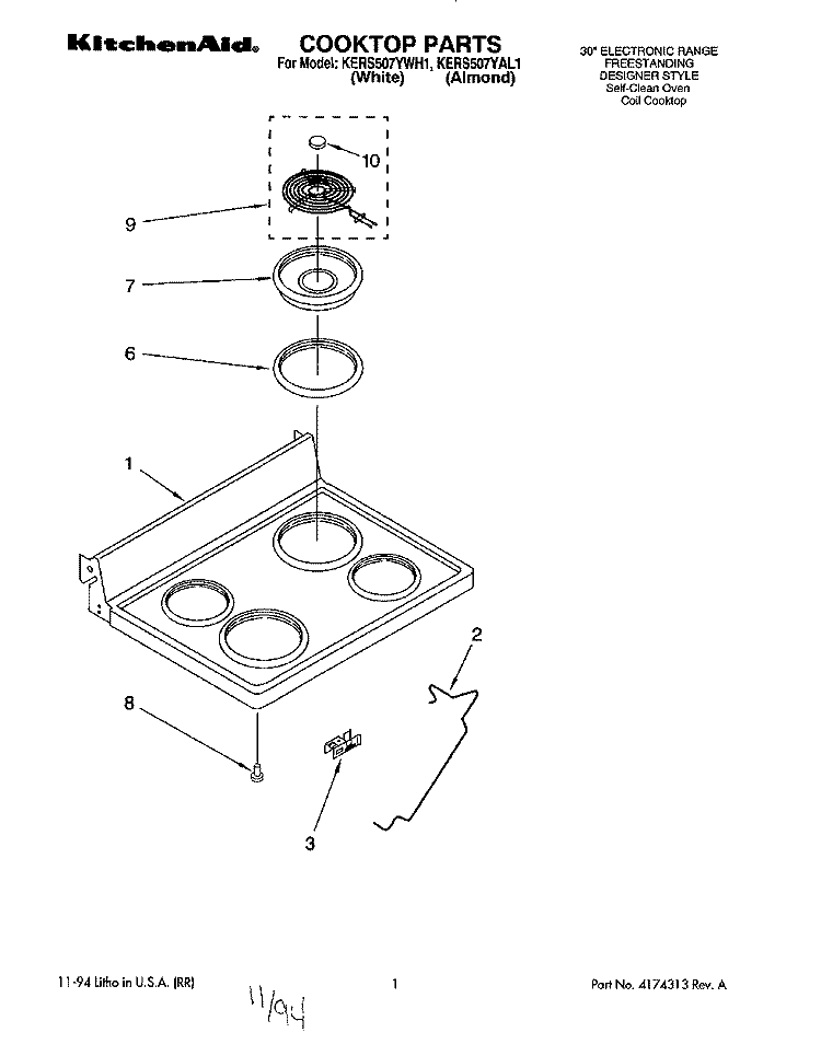 COOKTOP, LITERATURE Diagram and Parts List for KERS507YAL1  KitchenAid Range