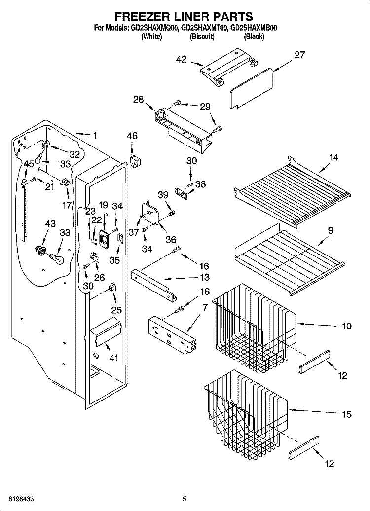 FREEZER LINER PARTS Diagram and Parts List for GD2SHAXMQ00  Whirlpool Refrigerator