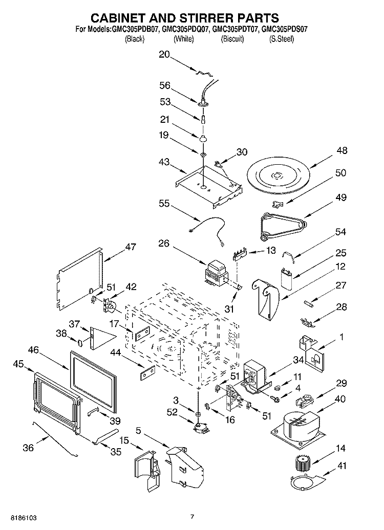 CABINET AND STIRRER PARTS Diagram and Parts List for GMC305PDS07  Whirlpool Microwave Oven Combo