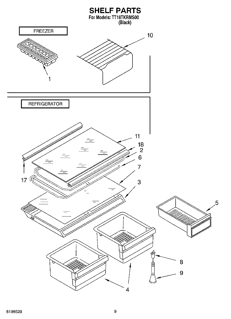 SHELF PARTS, OPTIONAL PARTS Diagram and Parts List for TT18TKRMS00  Estate Refrigerator
