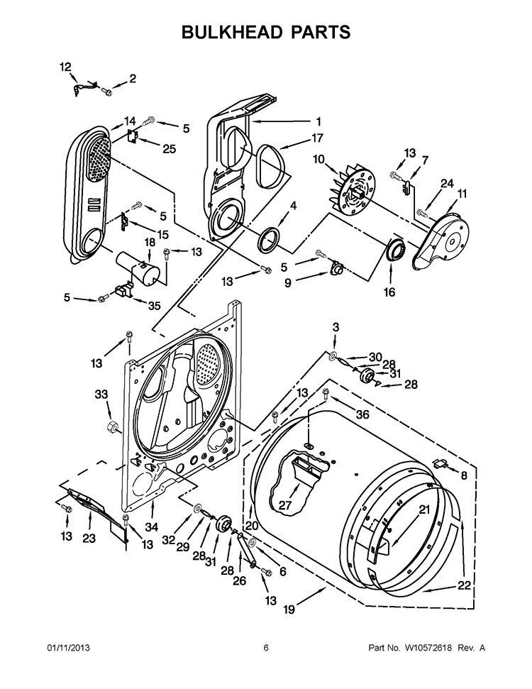BULKHEAD PARTS Diagram and Parts List for 7MWGD1601AW0  Whirlpool Dryer