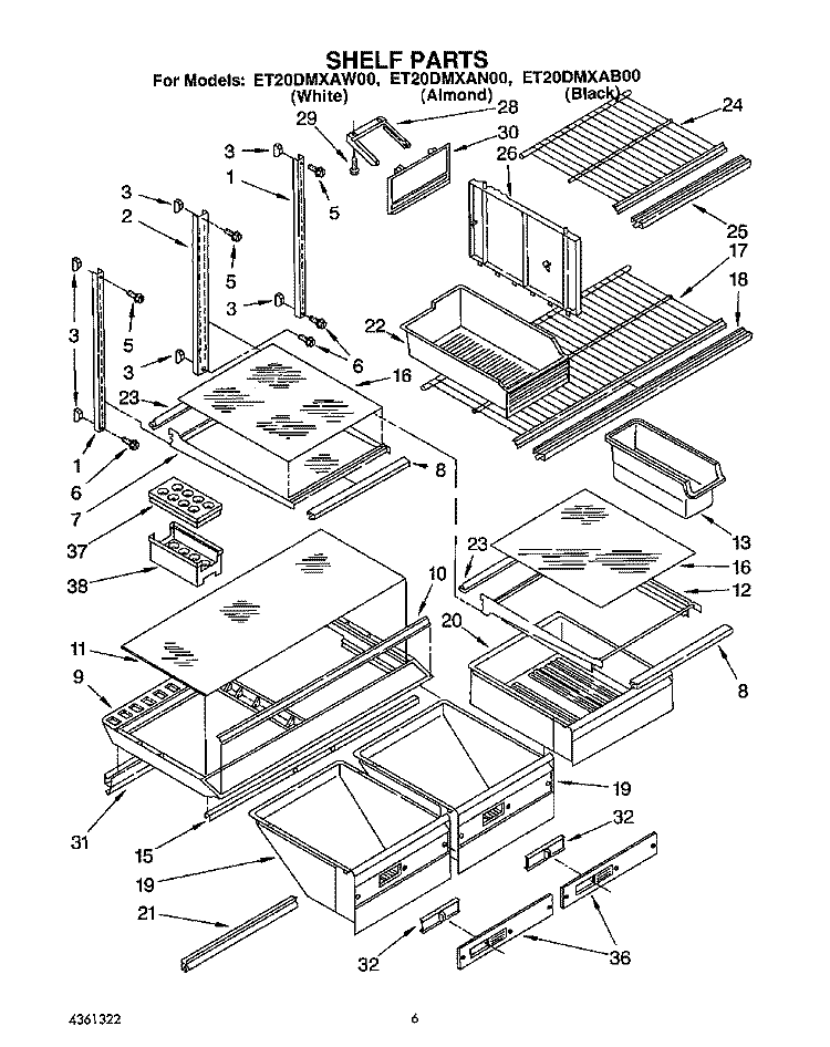 SHELF, LIT/OPTIONAL Diagram and Parts List for ET20DMXAN00  Whirlpool Refrigerator