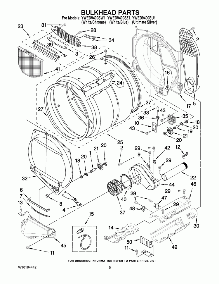 BULKHEAD PARTS Diagram and Parts List for YWED9400SW1  Whirlpool Dryer