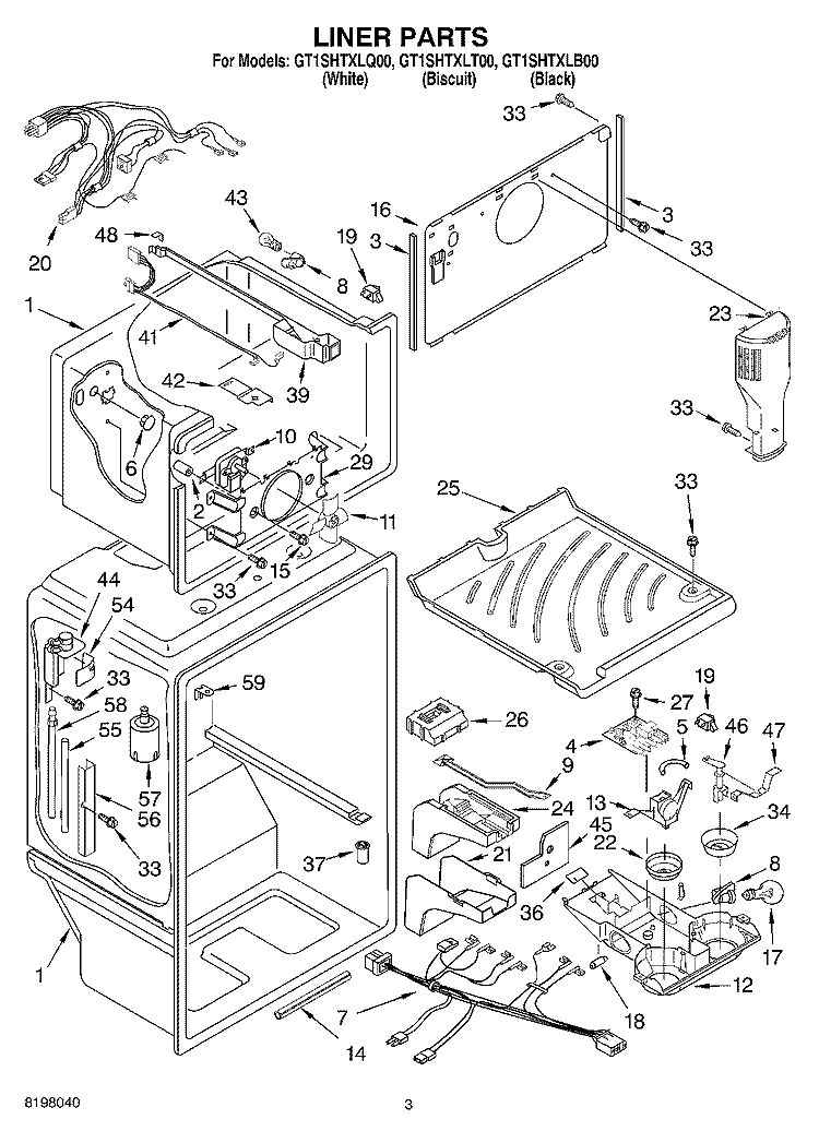 LINER Diagram and Parts List for GT1SHTXLT00  Whirlpool Refrigerator