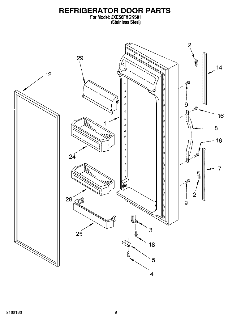 REFRIGERATOR DOOR Diagram and Parts List for 3XES0FHGKS01  Whirlpool Refrigerator