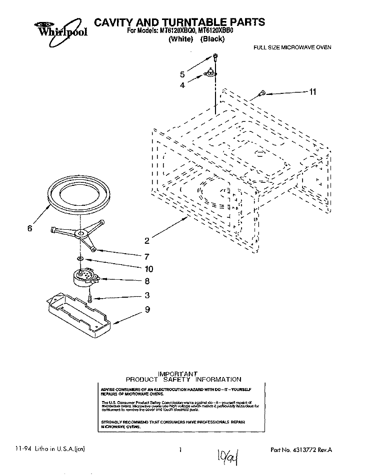CAVITY AND TURNTABLE, LIT/OPTIONAL Diagram and Parts List for MT6120XBB0  Whirlpool Microwave