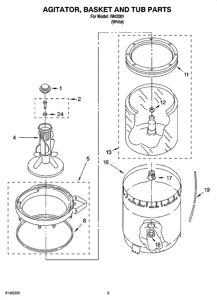 AGITATOR, BASKET AND TUB PARTS Diagram and Parts List for IM42001  Inglis Washer