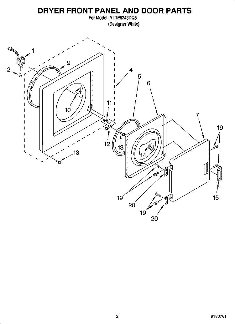 DRYER FRONT PANEL AND DOOR PARTS Diagram and Parts List for YLTE5243DQ5  Whirlpool Washer Dryer Combo