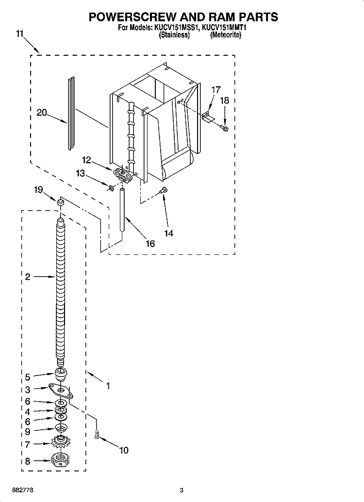 POWERSCREW AND RAM PARTS Diagram and Parts List for KUCV151MMT1  KitchenAid Trash Compactor