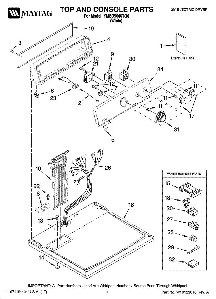 TOP AND CONSOLE PARTS Diagram and Parts List for YMED5640TQ0  Maytag Dryer