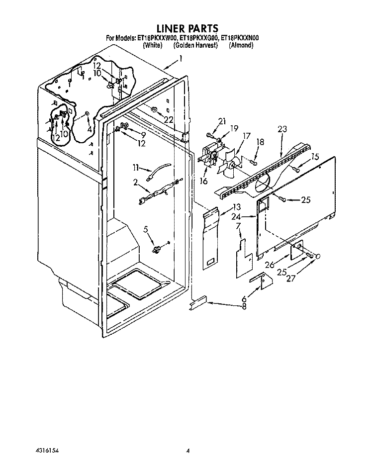 LINER Diagram and Parts List for ET18PKXXG00  Whirlpool Refrigerator