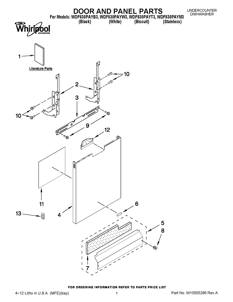 DOOR AND PANEL PARTS Diagram and Parts List for WDF530PAYT3  Whirlpool Dishwasher