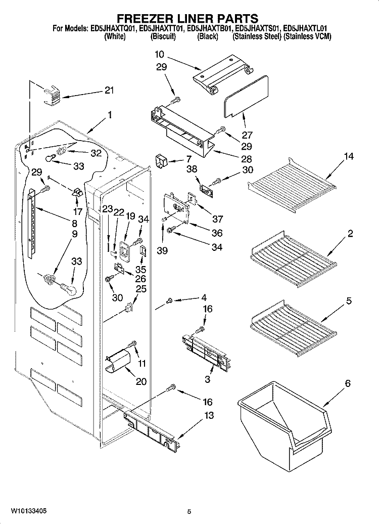 FREEZER LINER PARTS Diagram and Parts List for ED5JHAXTS01  Whirlpool Refrigerator