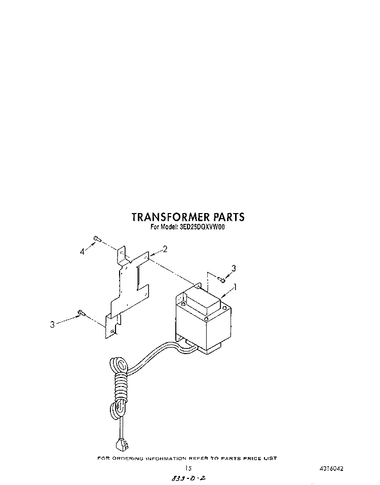 TRANSFORMER Diagram and Parts List for 3ED25DQXVN00  Whirlpool Refrigerator