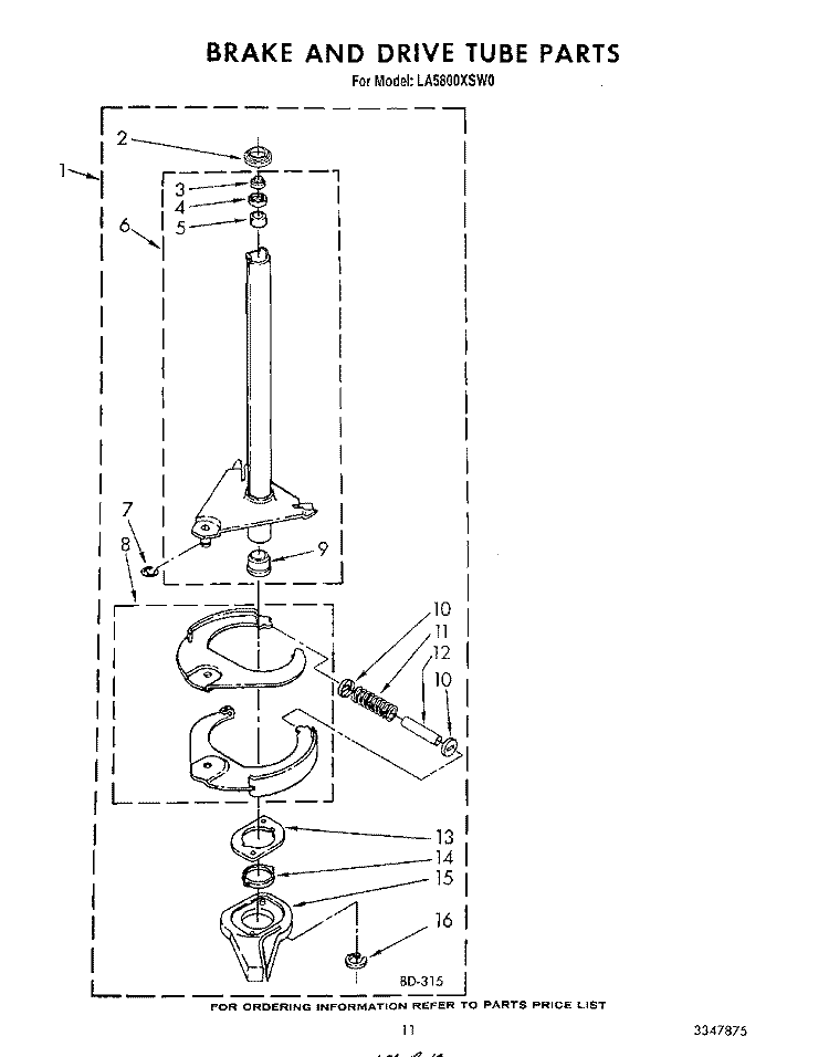 BRAKE AND DRIVE TUBE Diagram and Parts List for LA5800XSW0  Whirlpool Washer
