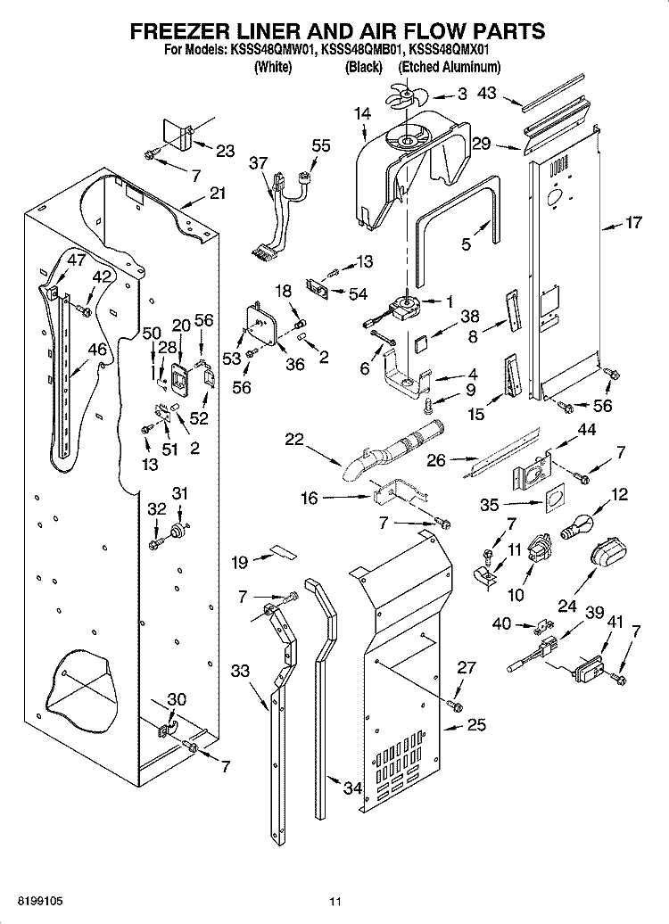 FREEZER LINER AND AIR FLOW PARTS Diagram and Parts List for KSSS48QMW01  KitchenAid Refrigerator