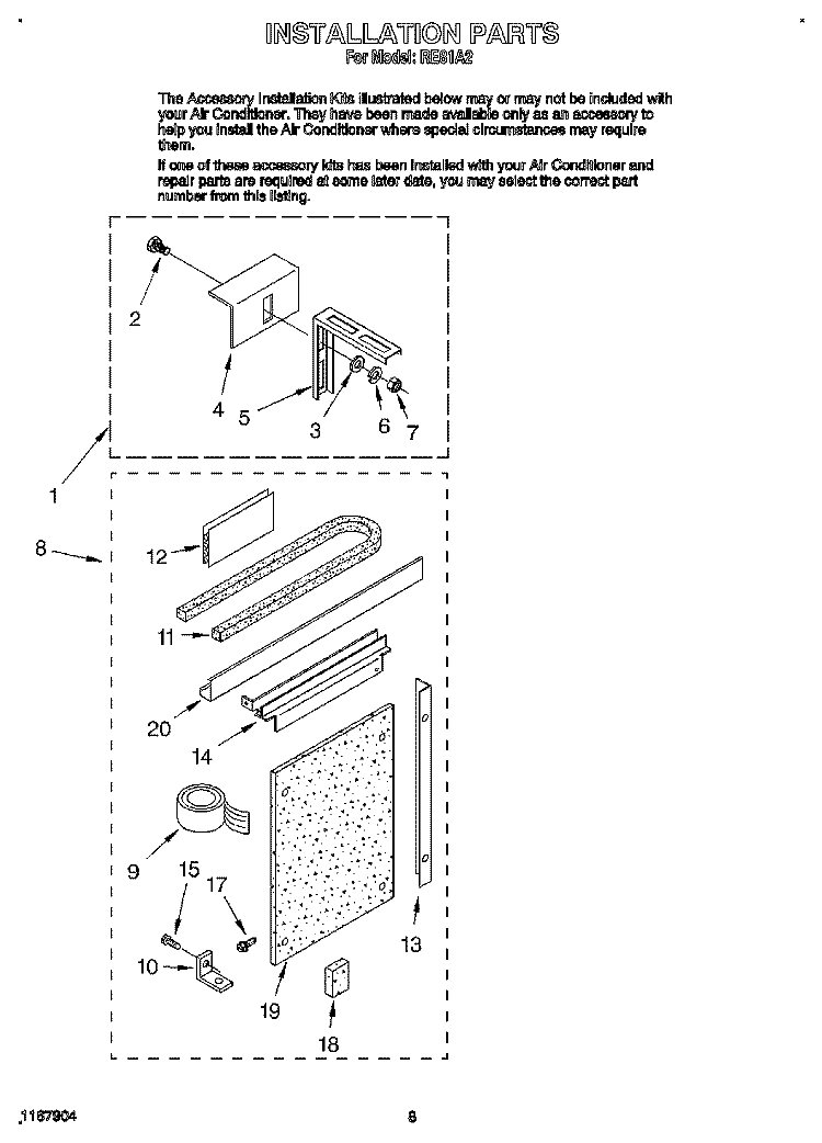 INSTALLATION Diagram and Parts List for RE81A2  Whirlpool Air Conditioner