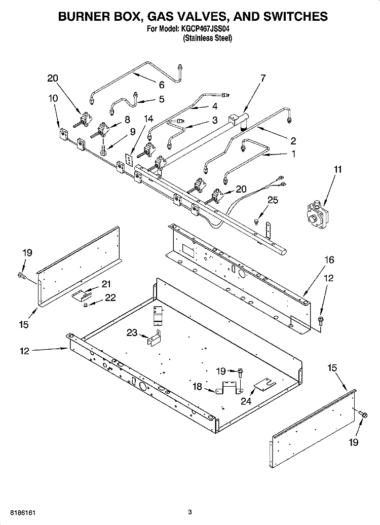 BURNER BOX, GAS VALVES, AND SWITCHES Diagram and Parts List for KGCP467JSS04  KitchenAid Cooktop