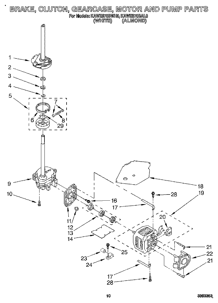 BRAKE, CLUTCH, GEARCASE, MOTOR AND PUMP Diagram and Parts List for KAWE870BWH0  KitchenAid Washer