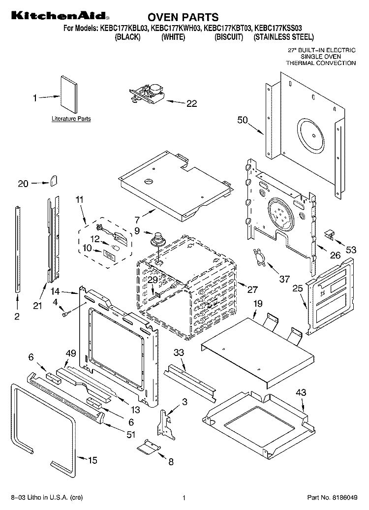 OVEN PARTS Diagram and Parts List for KEBC177KSS03  KitchenAid Wall Oven