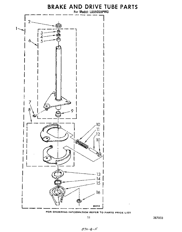 BRAKE AND DRIVE TUBE Diagram and Parts List for LA5500XPW0  Whirlpool Washer