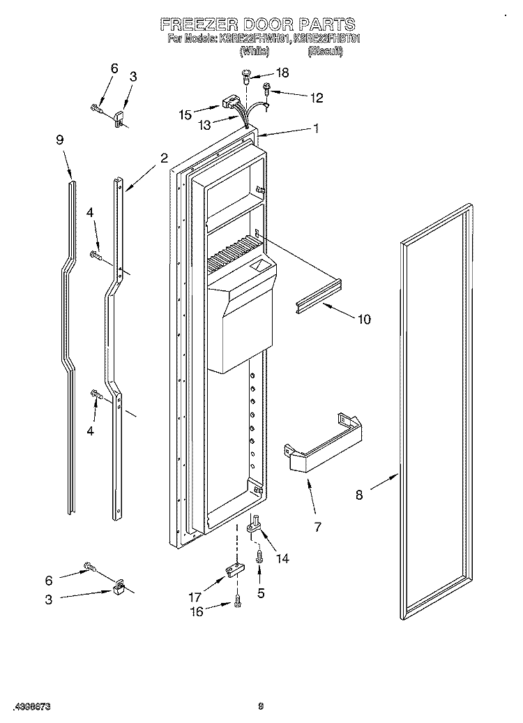 FREEZER DOOR Diagram and Parts List for KSRE22FHBT01  KitchenAid Refrigerator