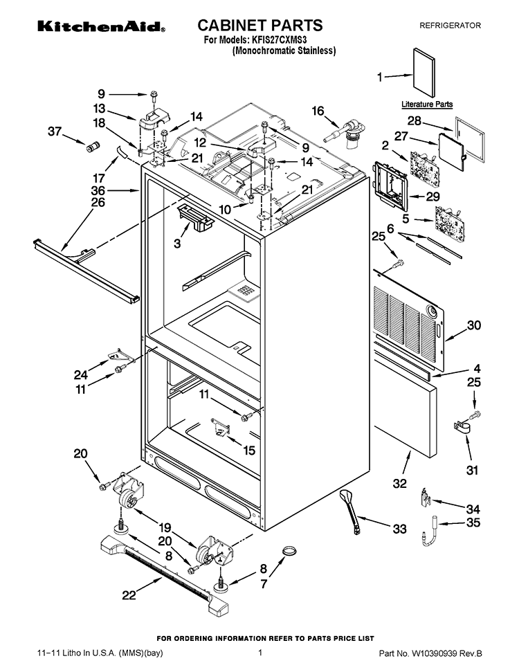 CABINET PARTS Diagram and Parts List for KFIS27CXMS3  KitchenAid Refrigerator