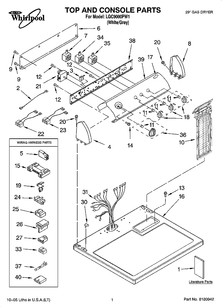TOP AND CONSOLE PARTS Diagram and Parts List for LGC9000PW1  Whirlpool Dryer