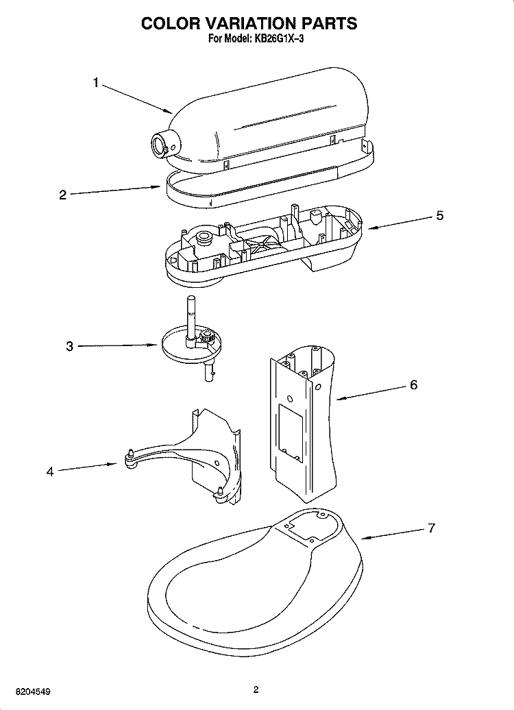 COLOR VARIATION PARTS Diagram and Parts List for KB26G1X-3  KitchenAid Mixer