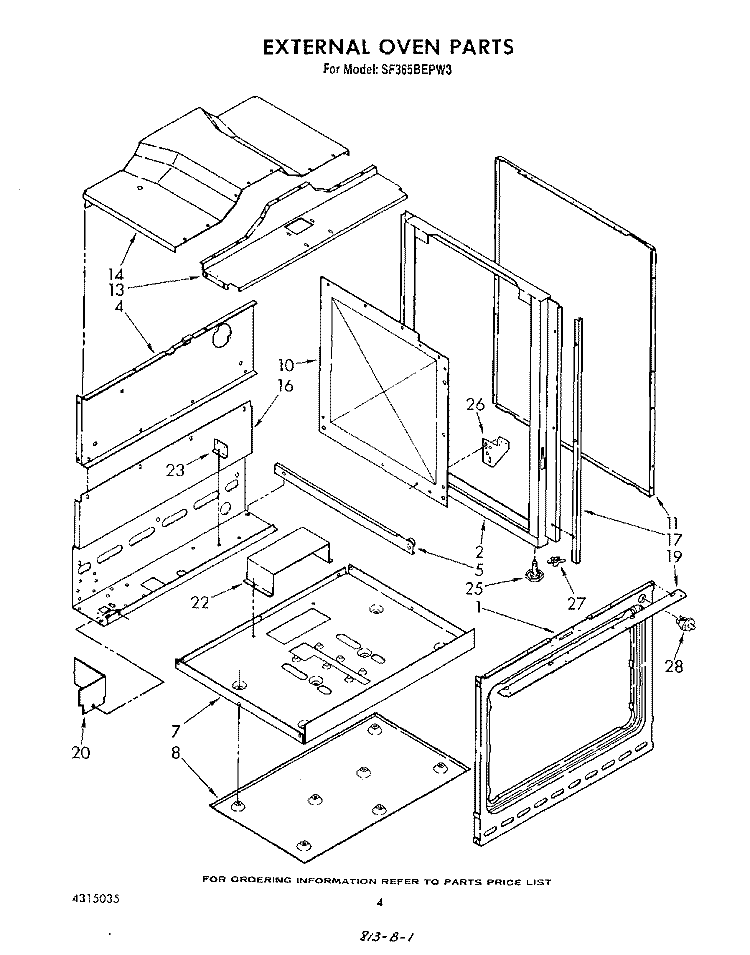 EXTERNAL OVEN Diagram and Parts List for SF365BEPW3  Whirlpool Range