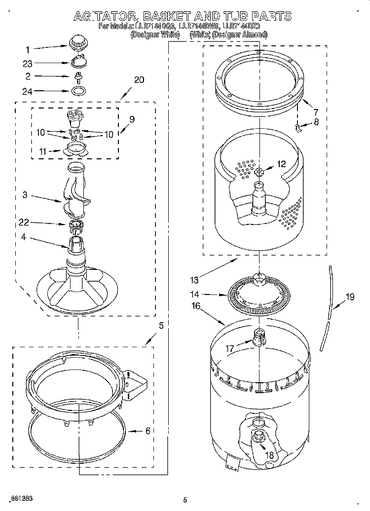 AGITATOR, BASKET AND TUB Diagram and Parts List for LLR7144DZ0  Whirlpool Washer