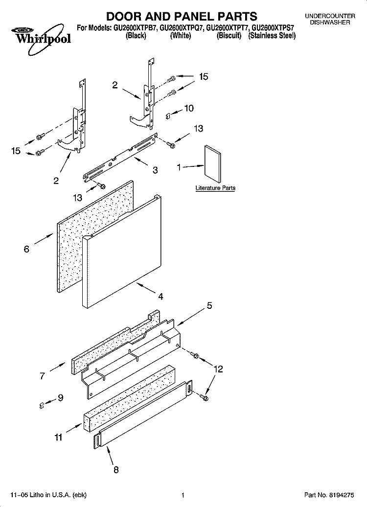 DOOR AND PANEL PARTS Diagram and Parts List for GU2600XTPB7  Whirlpool Dishwasher