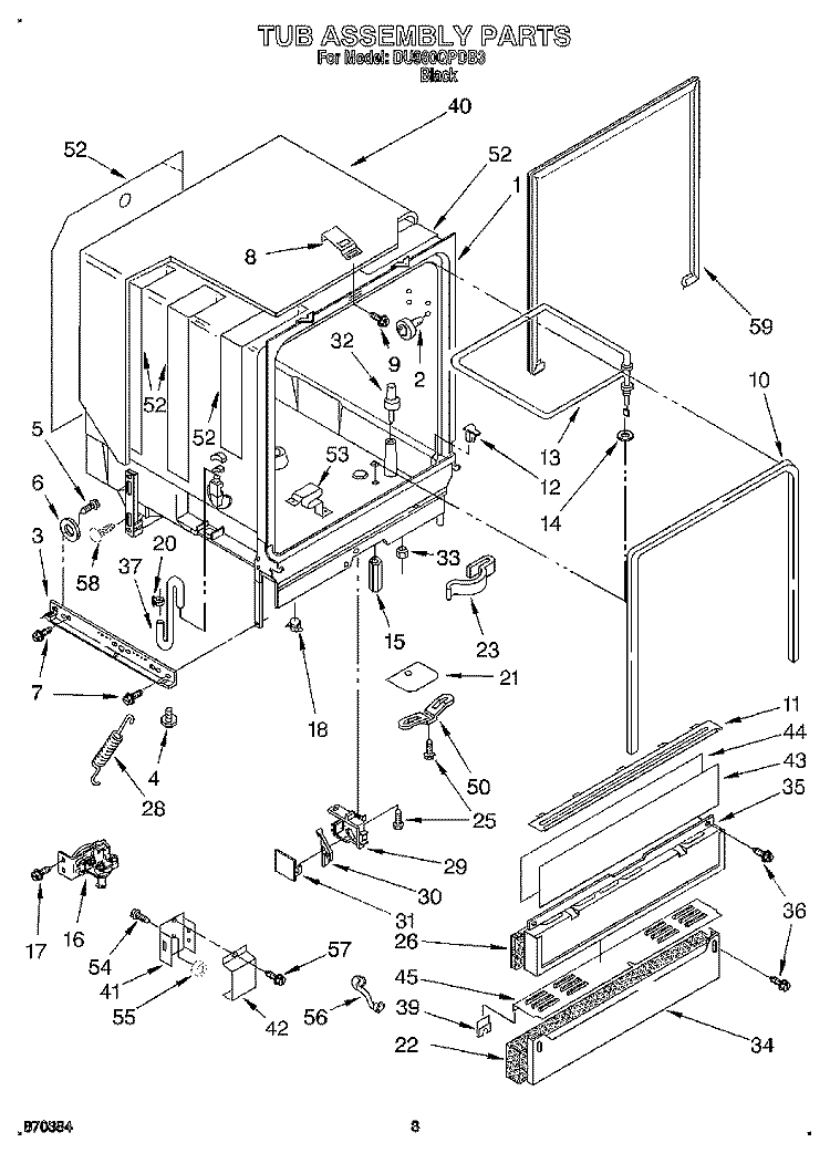 TUB ASSEMBLY Diagram and Parts List for DU980QPDB3  Whirlpool Dishwasher