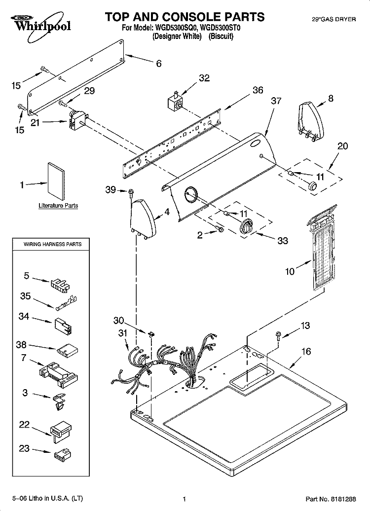 TOP AND CONSOLE PARTS Diagram and Parts List for WGD5300SQ0  Whirlpool Dryer