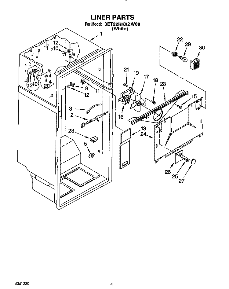 LINER Diagram and Parts List for 3ET22RKXZW00  Whirlpool Refrigerator