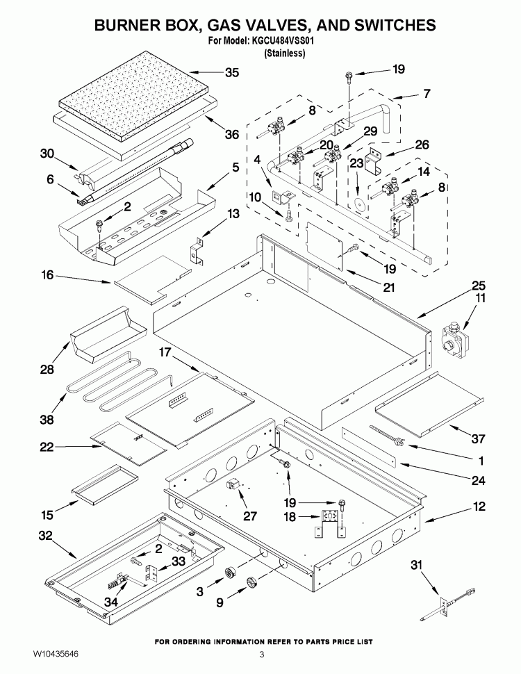 BURNER BOX, GAS VALVES, AND SWITCHES Diagram and Parts List for KGCU484VSS01  KitchenAid Cooktop