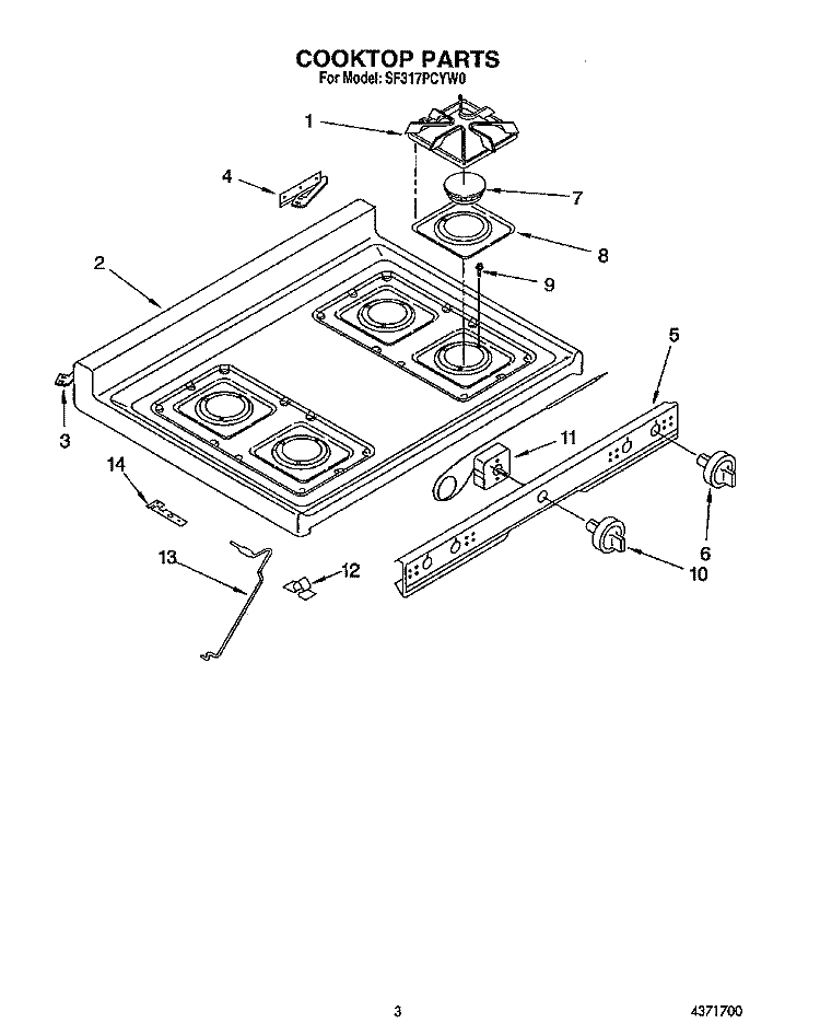 COOKTOP, LIT/OPTIONAL Diagram and Parts List for SF317PCYN0  Whirlpool Range