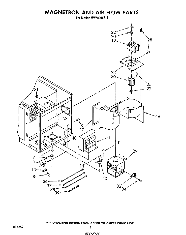 MAGNETRON AND AIRFLOW Diagram and Parts List for MW8800XS1  Whirlpool Microwave