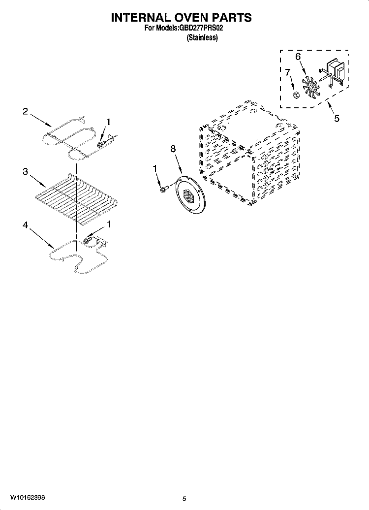 INTERNAL OVEN PARTS Diagram and Parts List for GBD277PRS02  Whirlpool Wall Oven