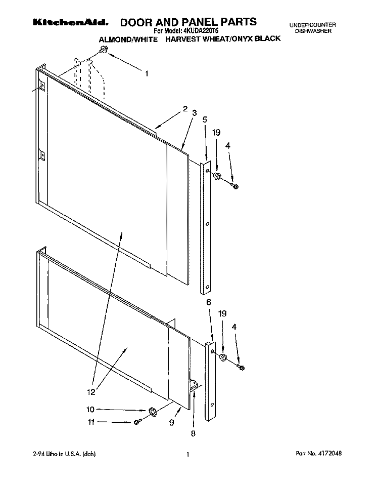 DOOR AND PANEL PARTS Diagram and Parts List for 4KUDA220T5  KitchenAid Dishwasher