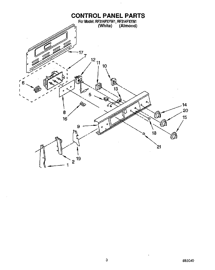 CONTROL PANEL Diagram and Parts List for RF314PXYW1  Whirlpool Range