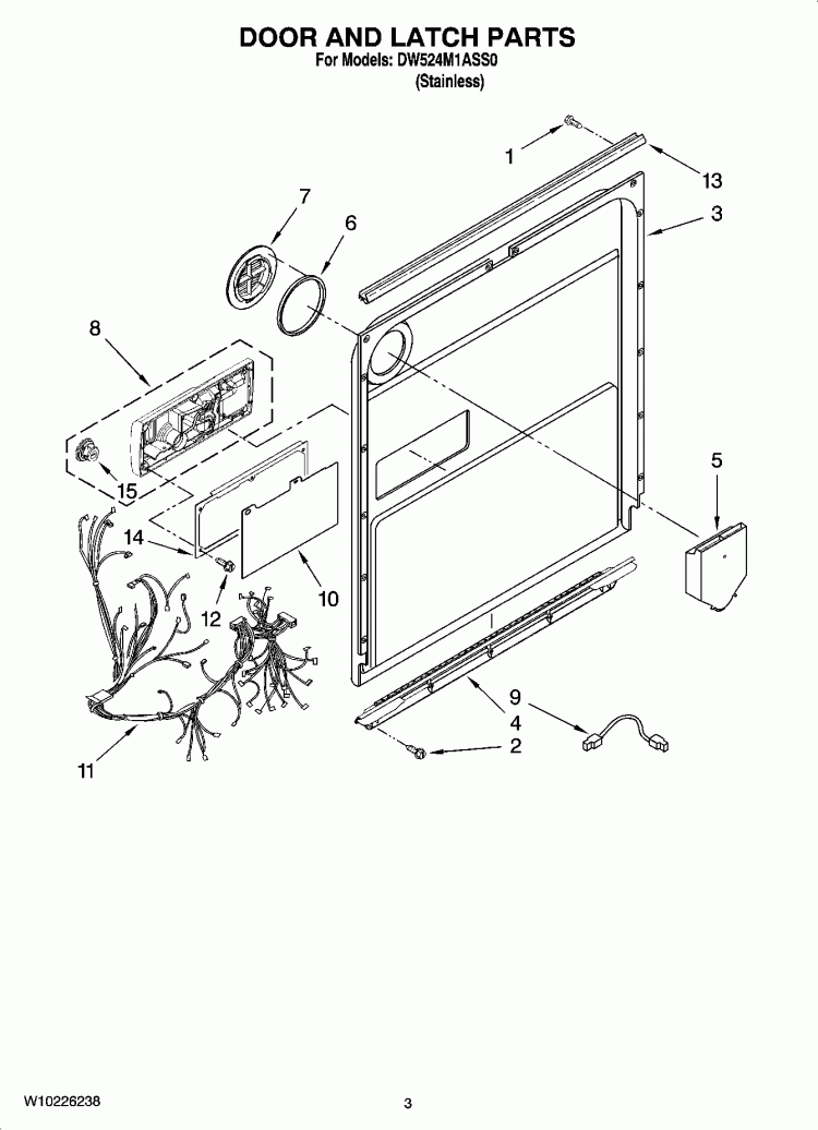 DOOR AND LATCH PARTS Diagram and Parts List for DW524M1ASS0  Whirlpool Dishwasher