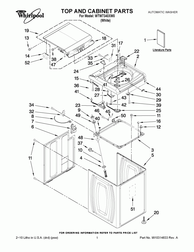 TOP AND CABINET PARTS Diagram and Parts List for WTW7340XW0  Whirlpool Washer