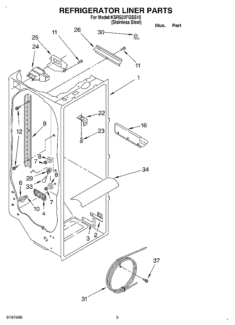 REFRIGERATOR LINER Diagram and Parts List for KSRS22FGSS15  KitchenAid Refrigerator