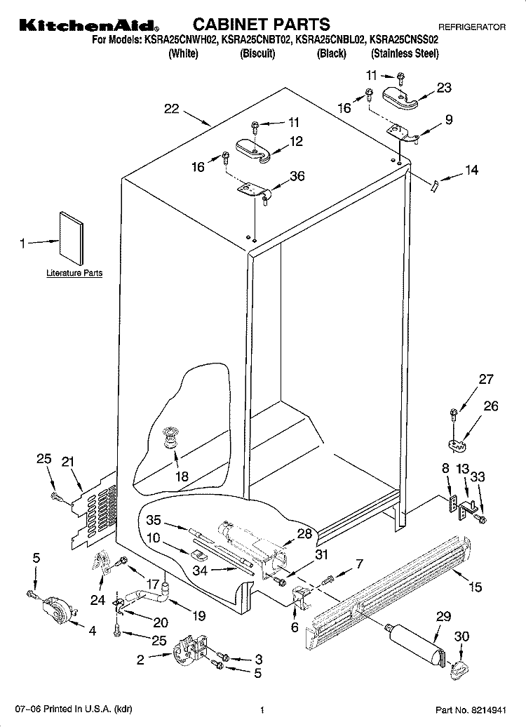 CABINET PARTS Diagram and Parts List for KSRA25CNBL02  KitchenAid Refrigerator