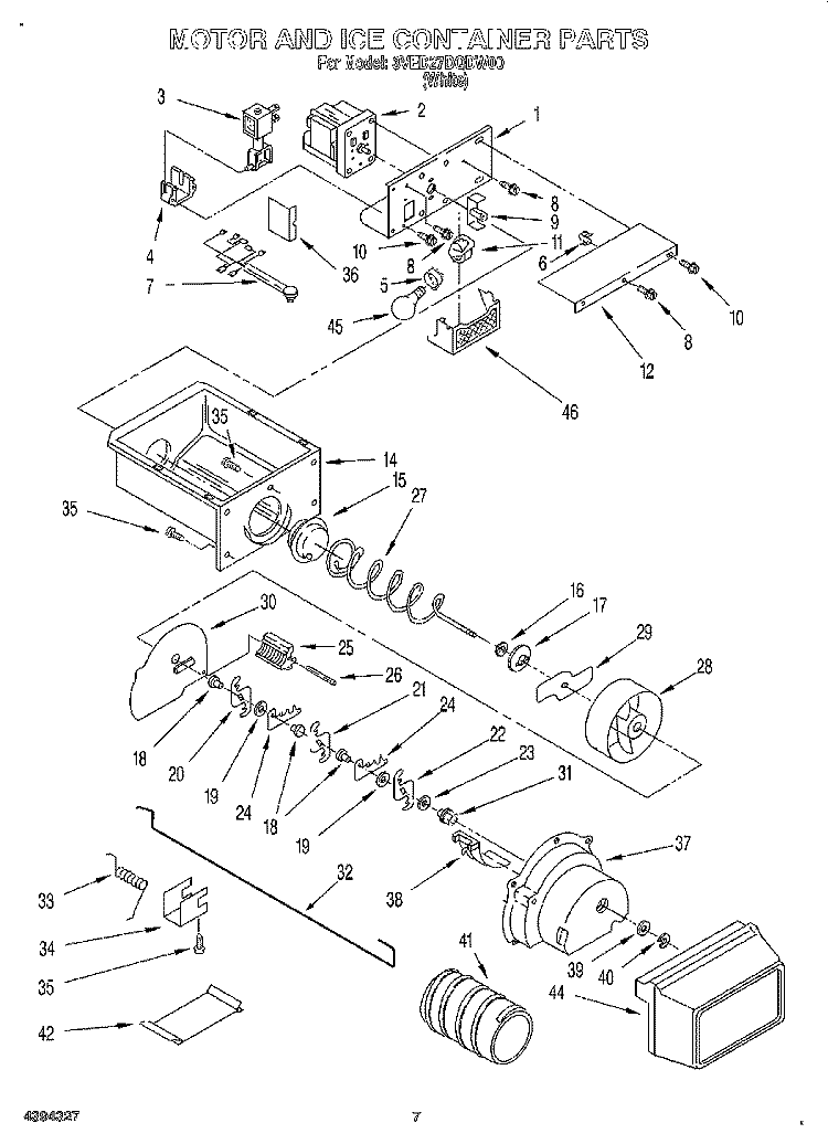 MOTOR AND ICE CONTAINER Diagram and Parts List for 3VED27DQDW00  Whirlpool Refrigerator