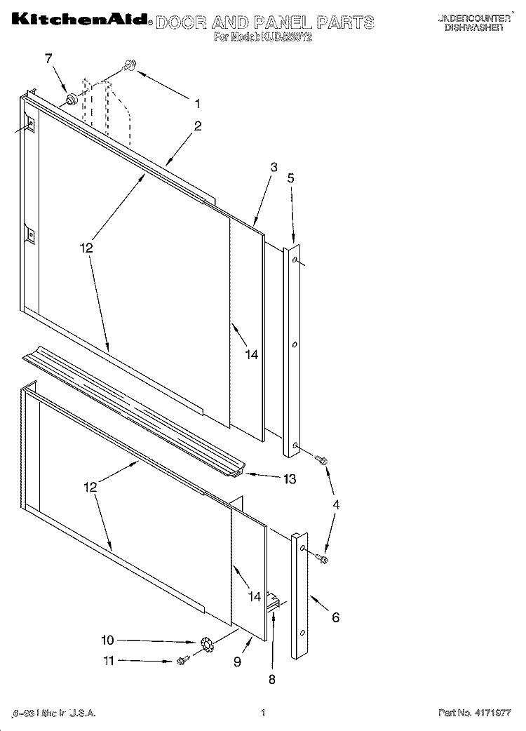DOOR AND PANEL Diagram and Parts List for KUDJ230Y2  KitchenAid Dishwasher