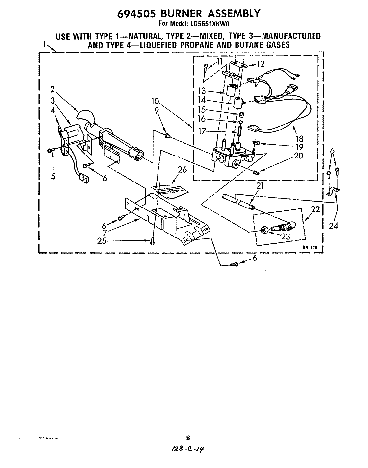 694505 BURNER Diagram and Parts List for LG5651XKW0  Whirlpool Dryer